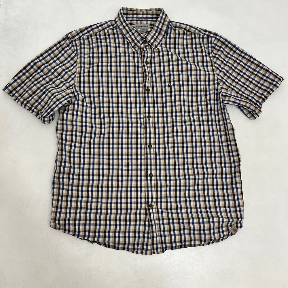 Carhartt Men’s XL Gingham Shirt Blue‎ Brown Relaxed Fit Short Sleeve Button Up